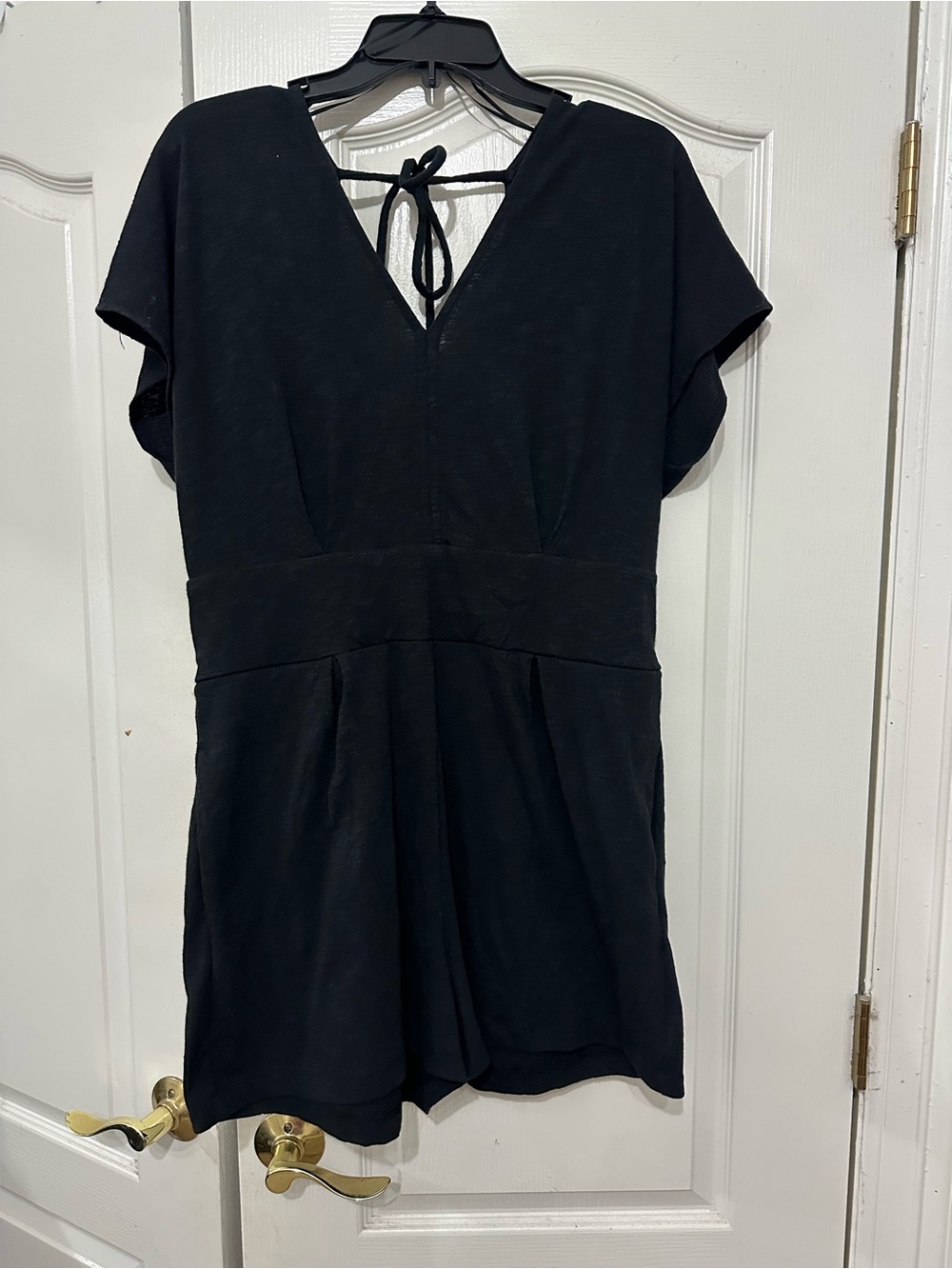 Nine West Black Short Sleeve V-Neck Romper with Tie Back